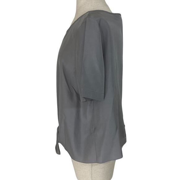Tibi gray silk tie front top, womens 12 round neck short sleeve tie front blouse - Picture 2 of 8